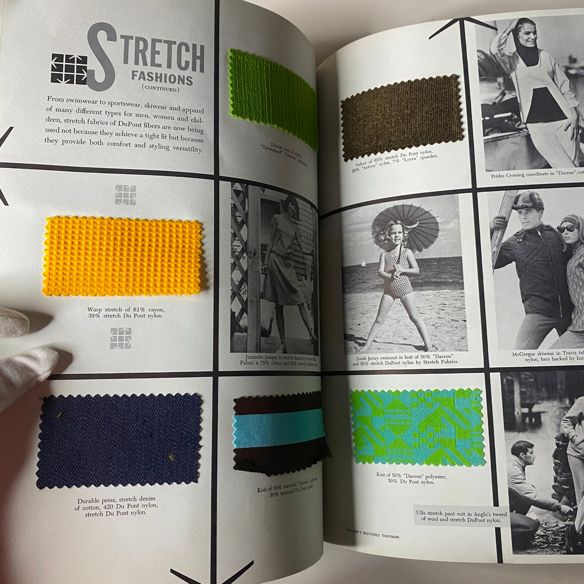 1966 American Fabrics No. 66 Summer Catalog image displaying different stretch fabrics with visual representations of fashion styles for men and women.