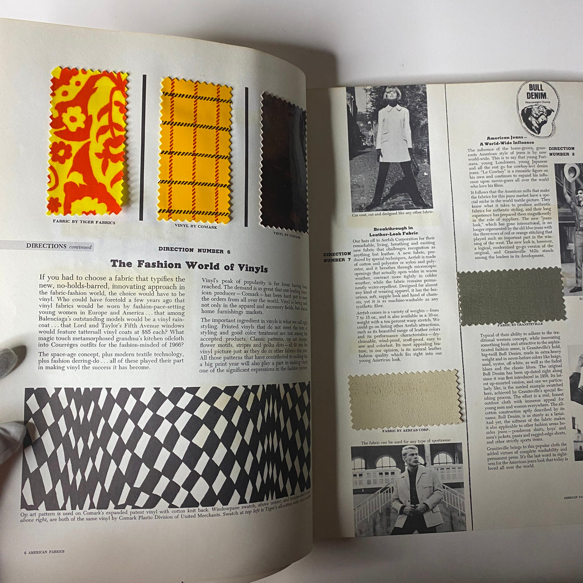 Interior page of the 1966 American Fabrics No. 71 Spring Catalog presenting fabric samples and information about vinyl fashion trends.