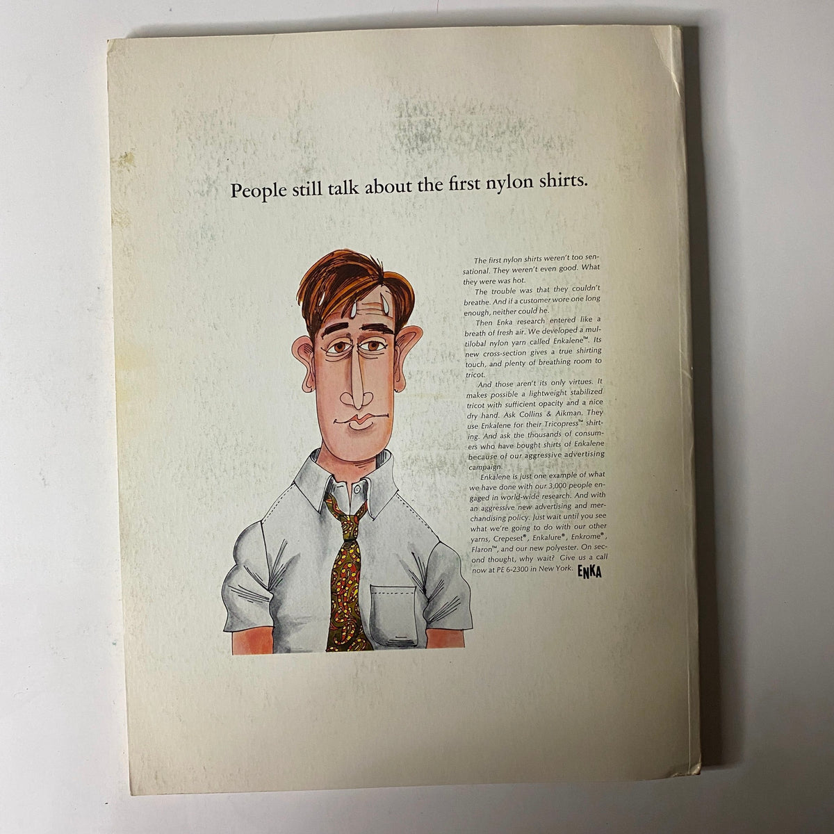 Back cover of the 1966 American Fabrics No. 71 Spring Catalog featuring a caricature of a man in a nylon shirt, discussing the evolution and impact of nylon in the fashion industry.