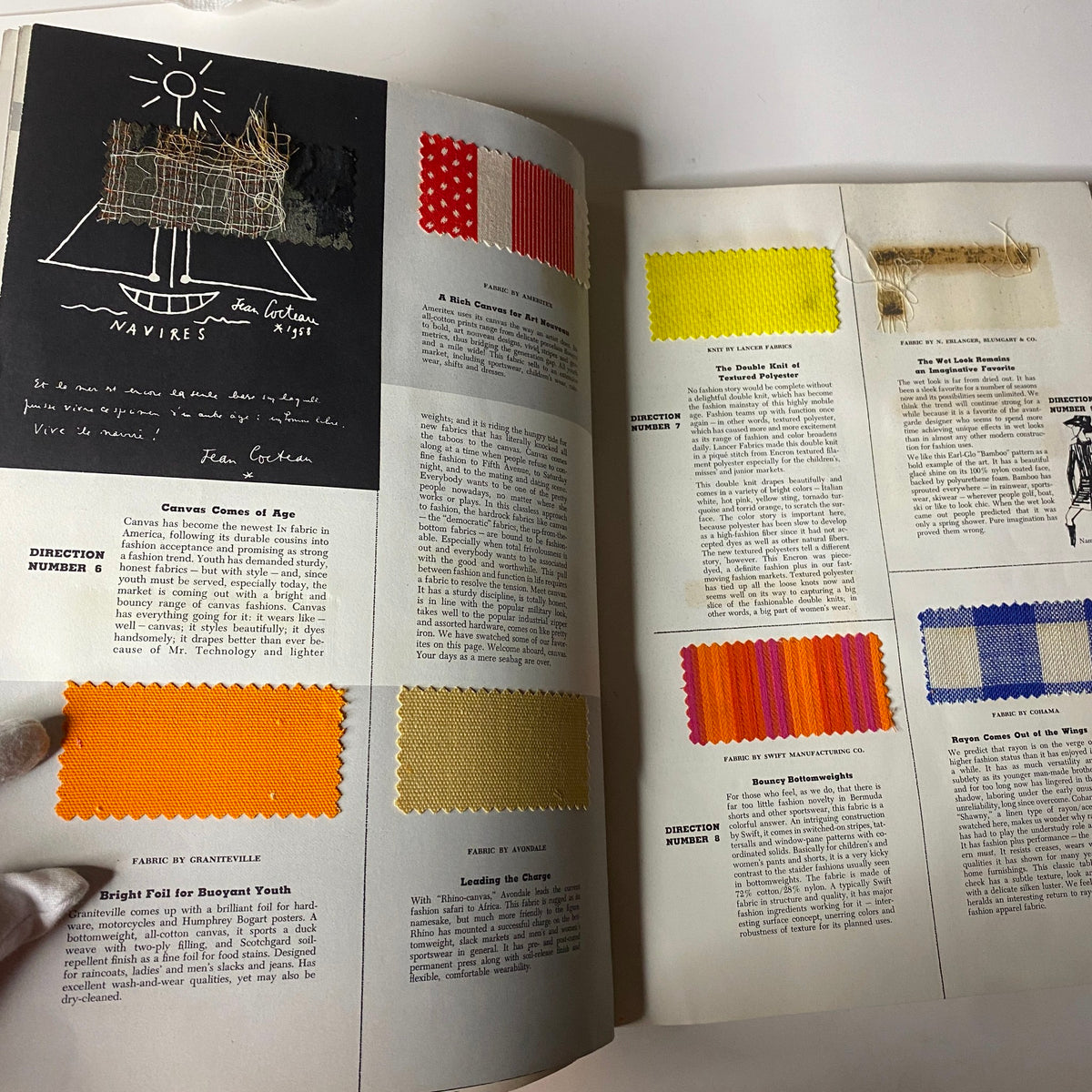 Page from the 1967 American Fabrics No. 77 Fall-Winter Catalog showcasing fabric samples and discussions on textile evolution and trends.