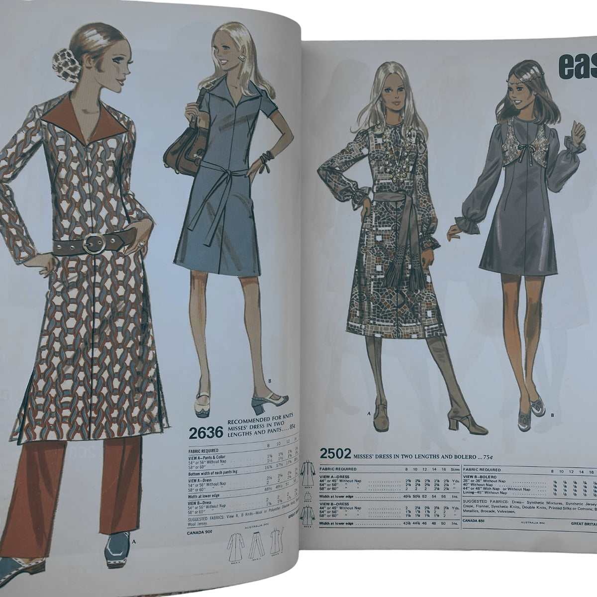 A double-page spread from the 1971 March McCall's Catalog presenting illustrated dresses and designs from the early 1970s.