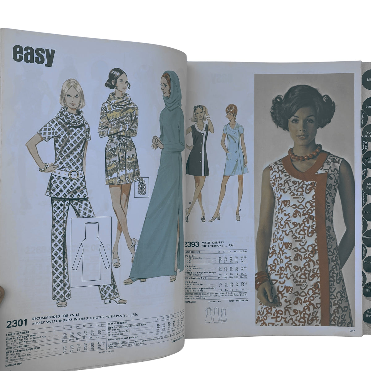 Another double-page from the 1971 March McCall's Catalog showcasing various 1970s styles, including dresses and accessories.