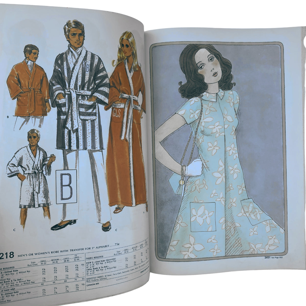 Illustration from the 1971 March McCall's Catalog featuring men's and women's robes alongside a fashion design illustration of a flower-patterned dress.