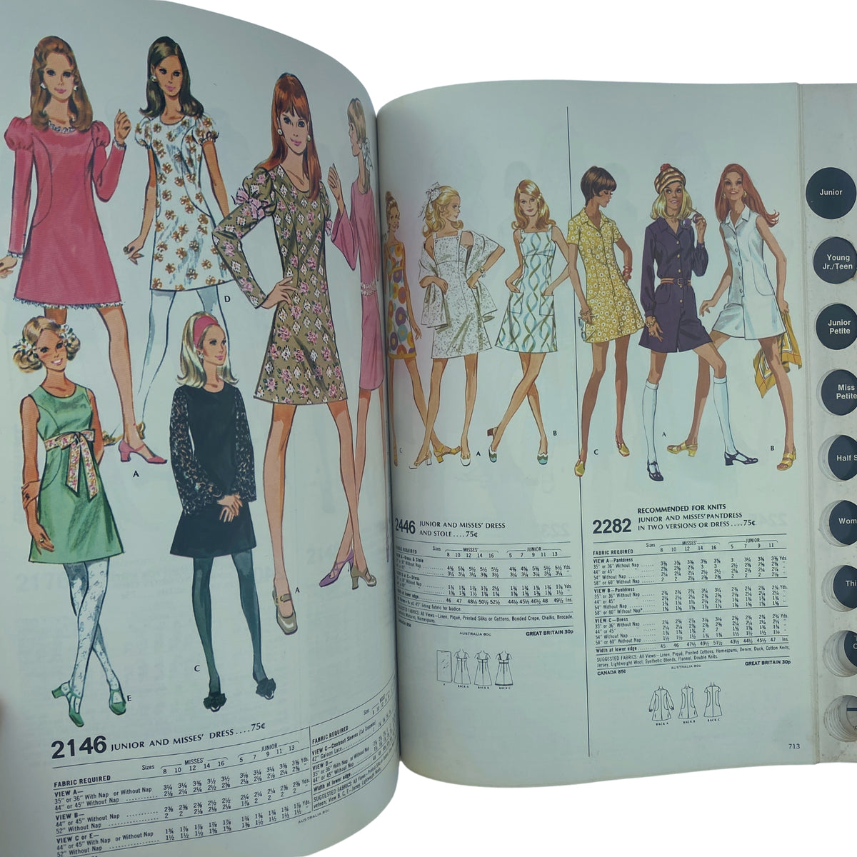 Fashion illustrations from the 1971 March McCall's Catalog showcasing junior and missy dresses in vibrant colors and patterns.