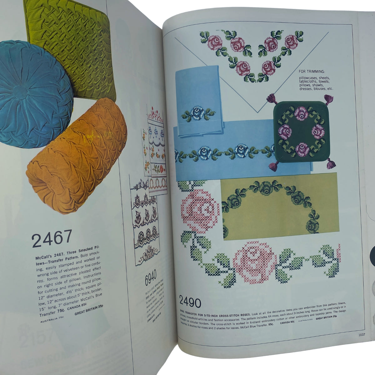 Detailed illustrations of cross-stitch designs and pillows from the 1971 March McCall's Catalog, reflecting vintage textile art.