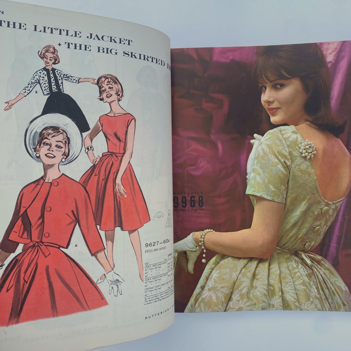 1961 December Butterick Holiday Catalog showcasing elegant dress designs with a model wearing a green dress, demonstrating mid-century vintage fashion.