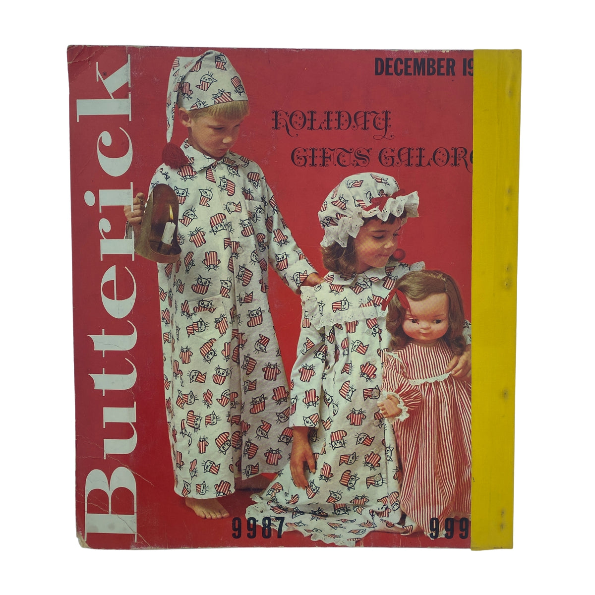 1961 December Butterick Holiday Catalog cover featuring children in holiday-themed nightgowns and pajamas, illustrating festive sewing patterns.