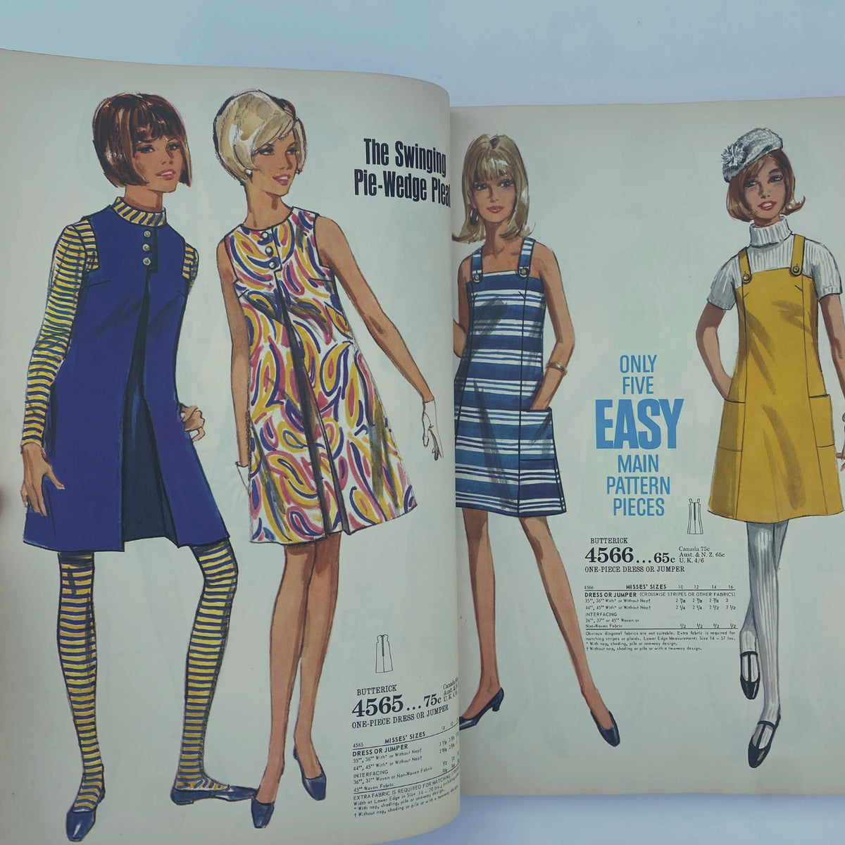 1968 April Butterick Catalog showcasing 'The Swinging Pie-Wedge Pleat' dress patterns with fashionable styles for women, featuring mod-inspired designs and bright colors.