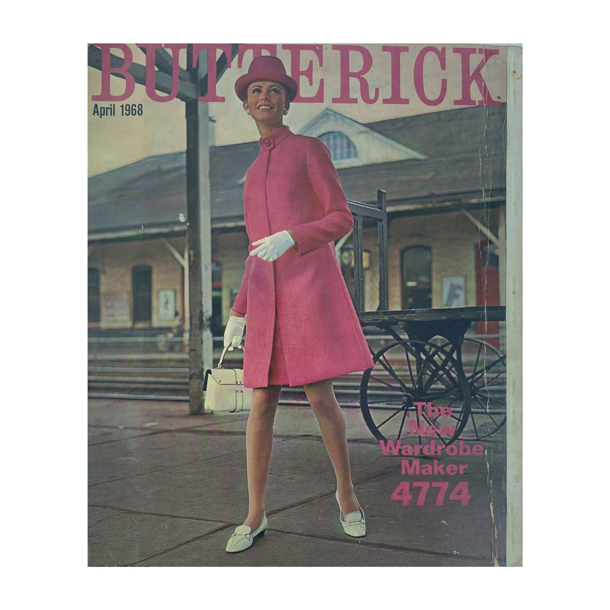 1968 April Butterick Catalog featuring a model in a stylish pink coat and hat, embodying the fashion trends of the late 1960s.