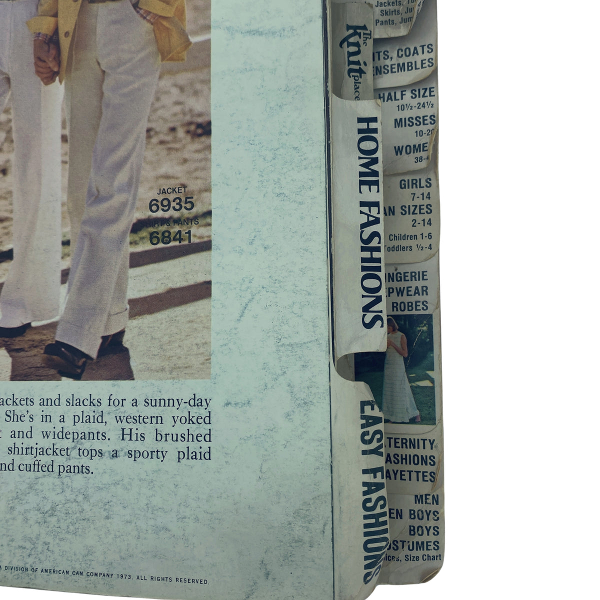 Vertical view of the 1973 May Butterick Catalog showcasing the side panel with fashion patterns and details about everyday jackets.