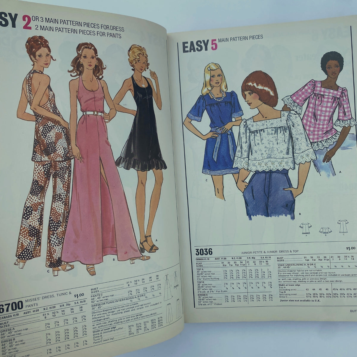 1973 May Butterick Catalog showcasing models in fashionable dresses, tunics, and pants with a variety of styles reflecting the early 1970s design aesthetic.