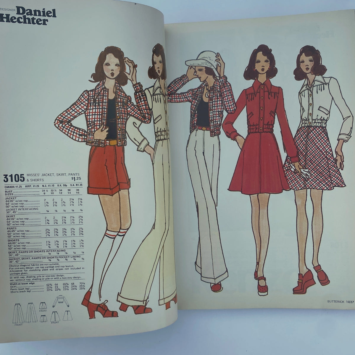 1973 May Butterick Catalog featuring designs from Daniel Hechter, including stylish women's jackets, skirts, and pants from the 1970s.