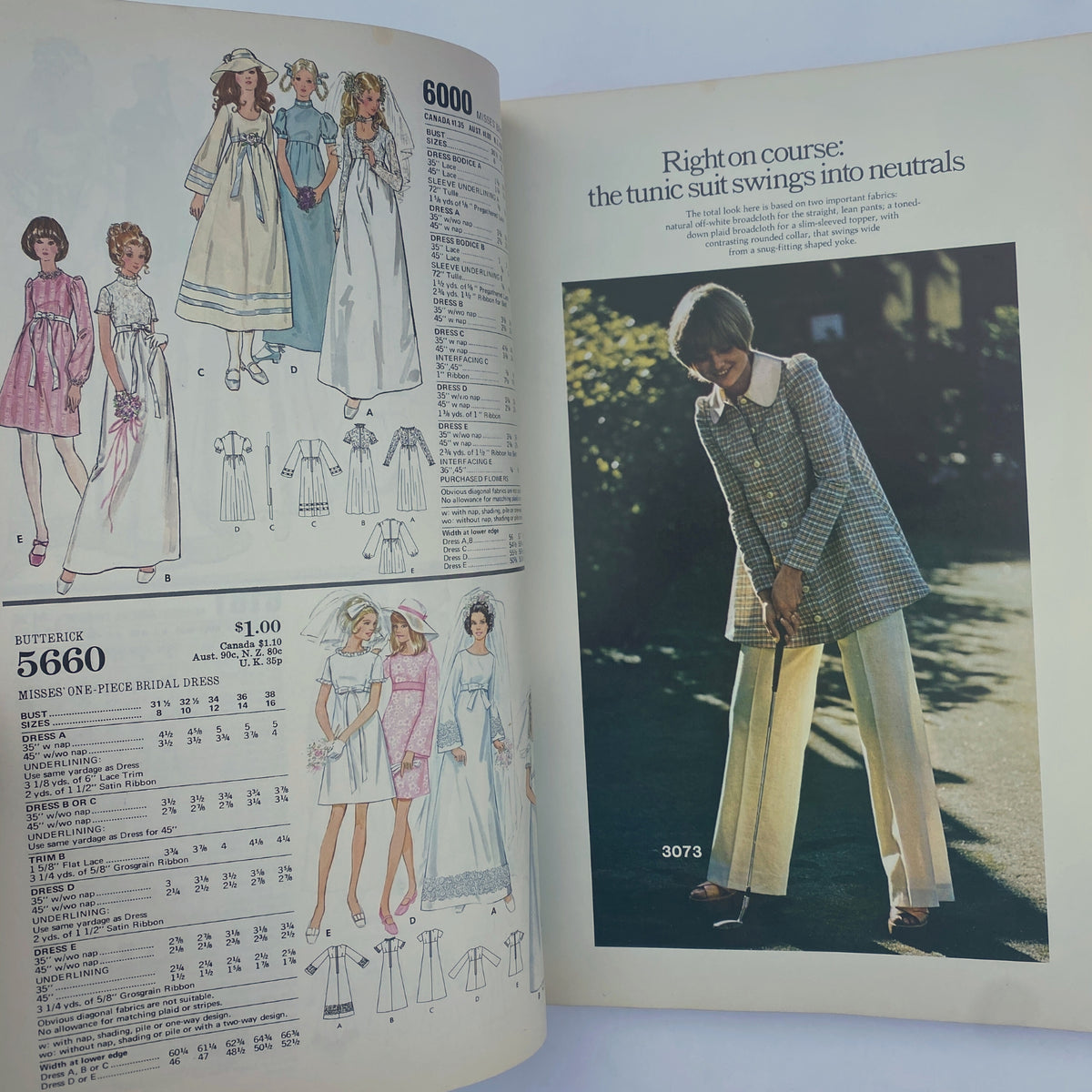 1973 May Butterick Catalog illustrating bridal dress patterns alongside a model wearing a trendy tunic suit, capturing timeless 70s fashion.