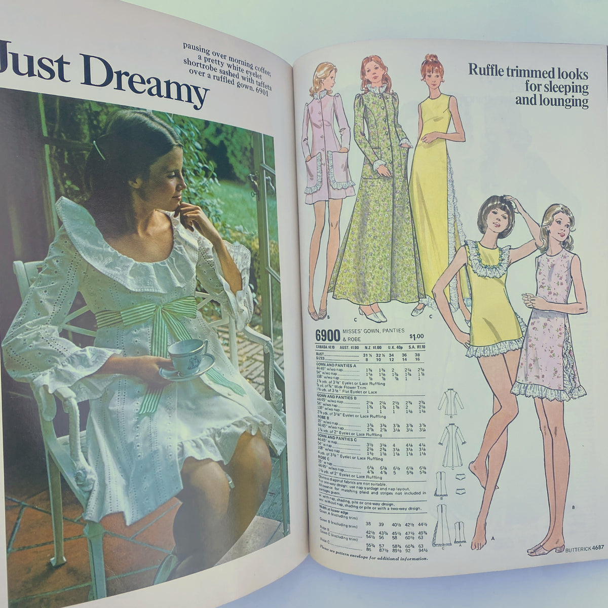 1973 May Butterick Catalog showcasing ruffled gown and loungewear patterns. Perfect for sewing enthusiasts looking for dreamy styles from the 1970s.