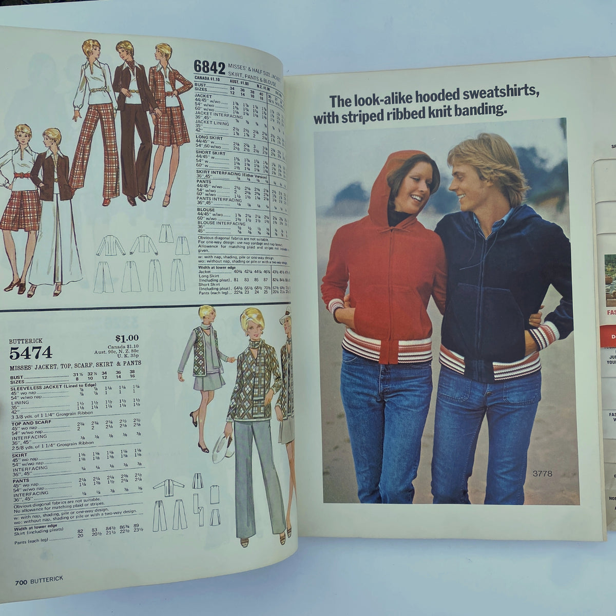 1974 August Butterick Catalog showcasing hooded sweatshirts with striped ribbed knit banding alongside sewing patterns for miss misses' jackets, skirts and pants.