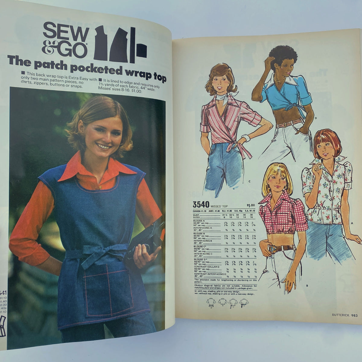 1974 August Butterick Catalog featuring a patch pocketed wrap top, displaying various designs for miss misses' tops with detailed sizes and instructions.