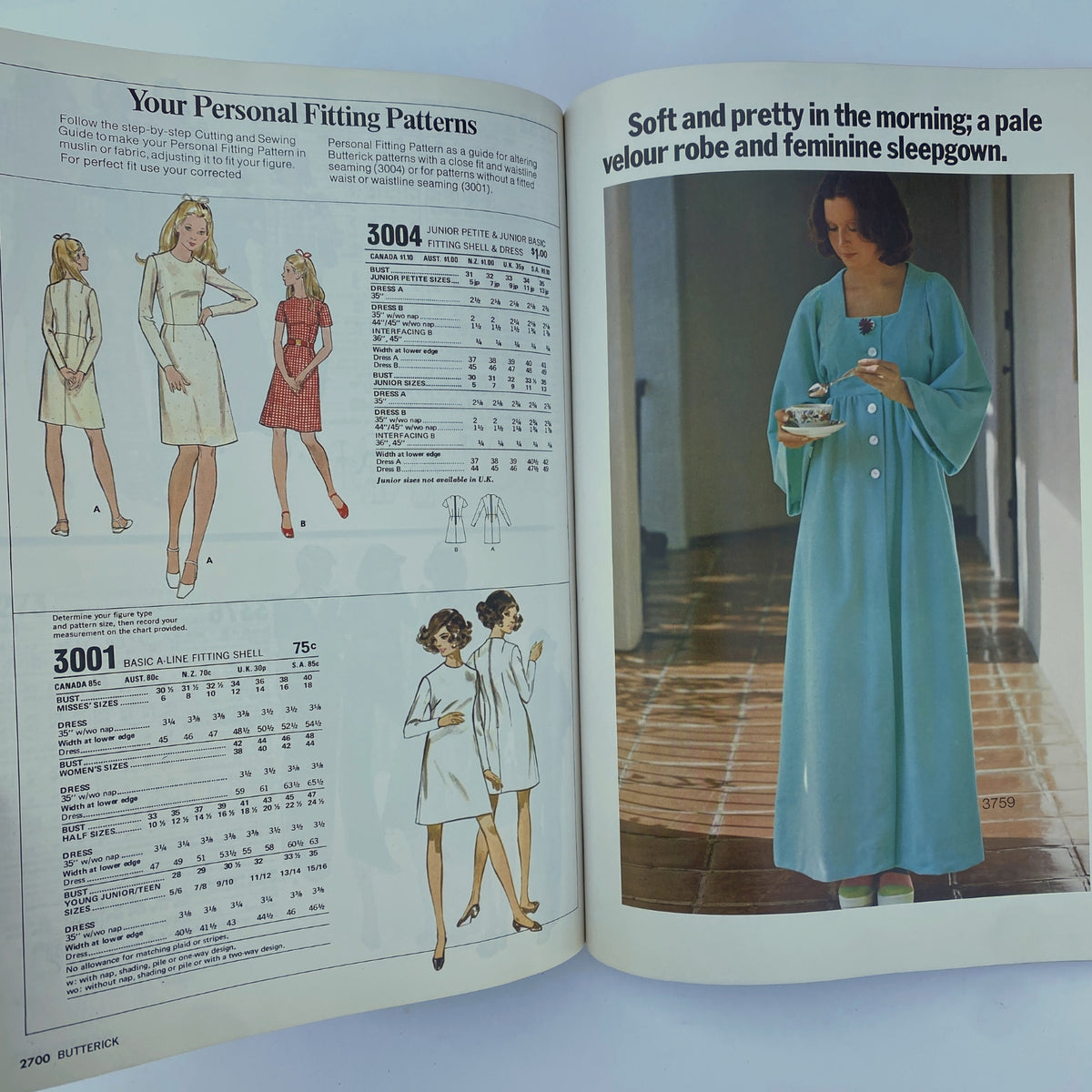 1974 August Butterick Catalog highlighting personal fitting patterns, complete with options for dresses and feminine sleepwear in stylish designs.