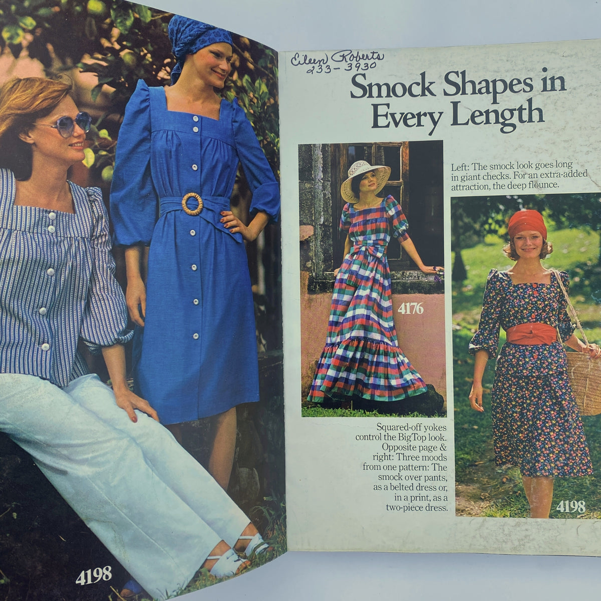 Inside page of the 1975 June Butterick Catalog featuring designs for smock dresses in various lengths, illustrating 1970s style with colorful patterns.