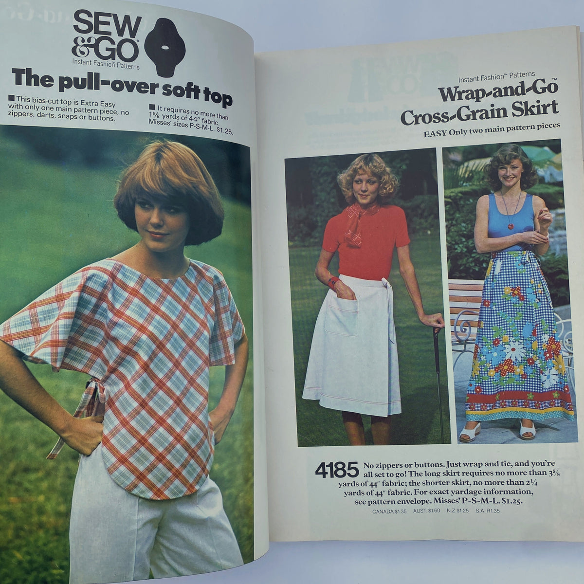 Another page from the 1975 June Butterick Catalog displaying instant fashion patterns for a soft top and a wrap-around skirt, embodying easy DIY 1970s fashion.