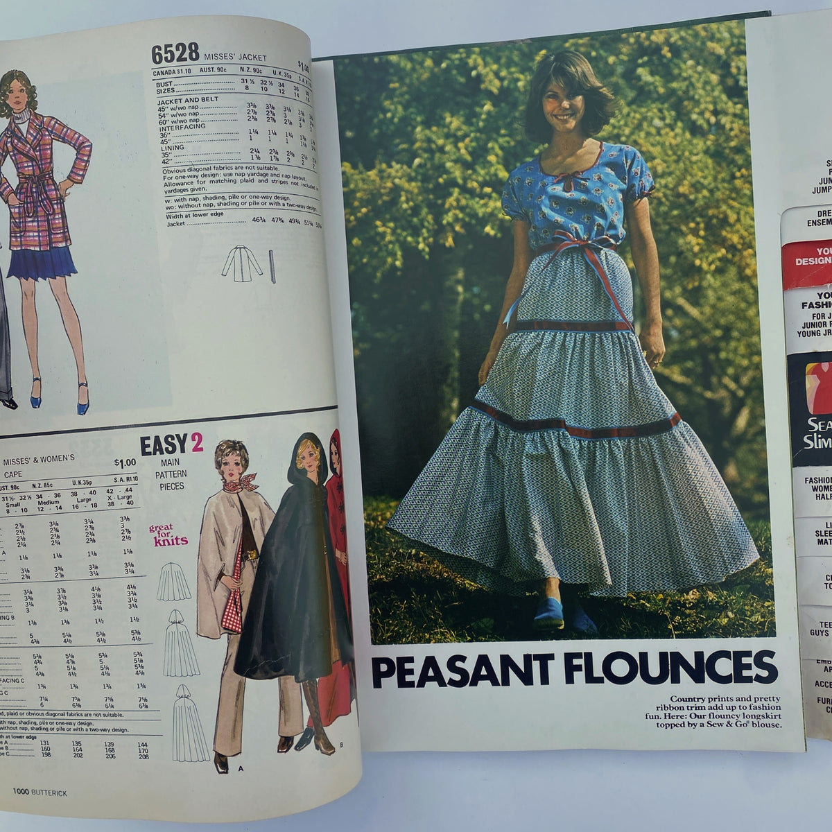 1975 June Butterick Catalog showcasing a model in a peasant flounce skirt, featuring illustrated pattern information for misses' jacket and a stylish country-themed design.