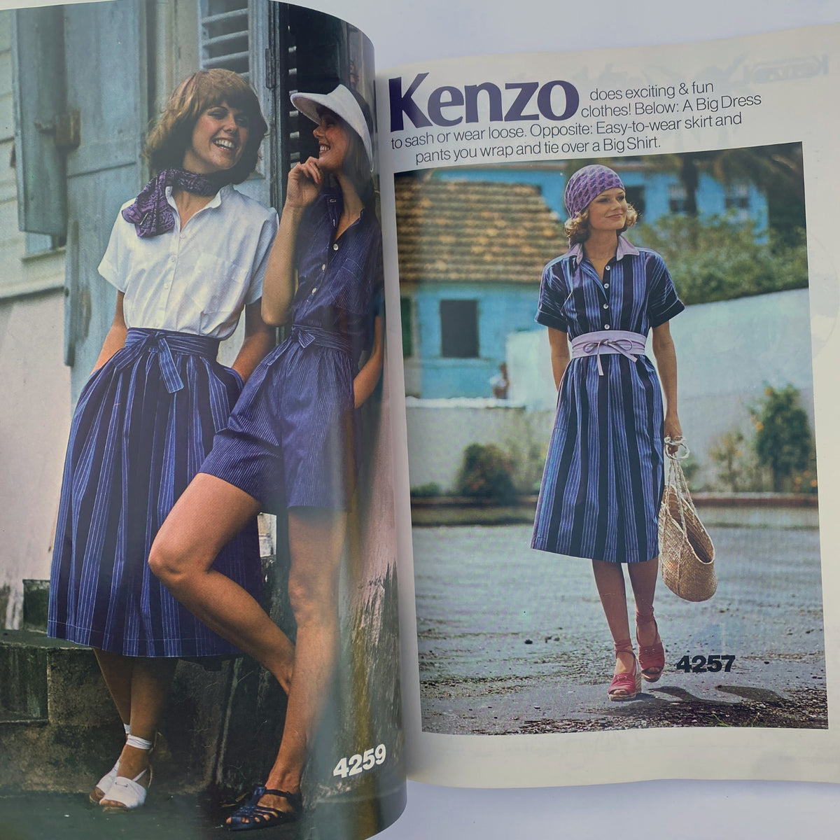 1975 June Butterick Catalog featuring a casual summer fashion look with models wearing Kenzo inspired outfits, including a big dress and easy-to-wear skirts.