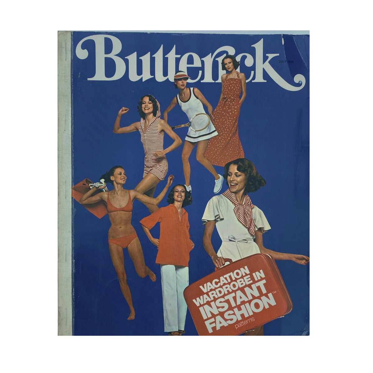 1975 July Butterick Catalog featuring vibrant summer patterns with models showcasing vacation wardrobe styles including swimsuits and dresses.