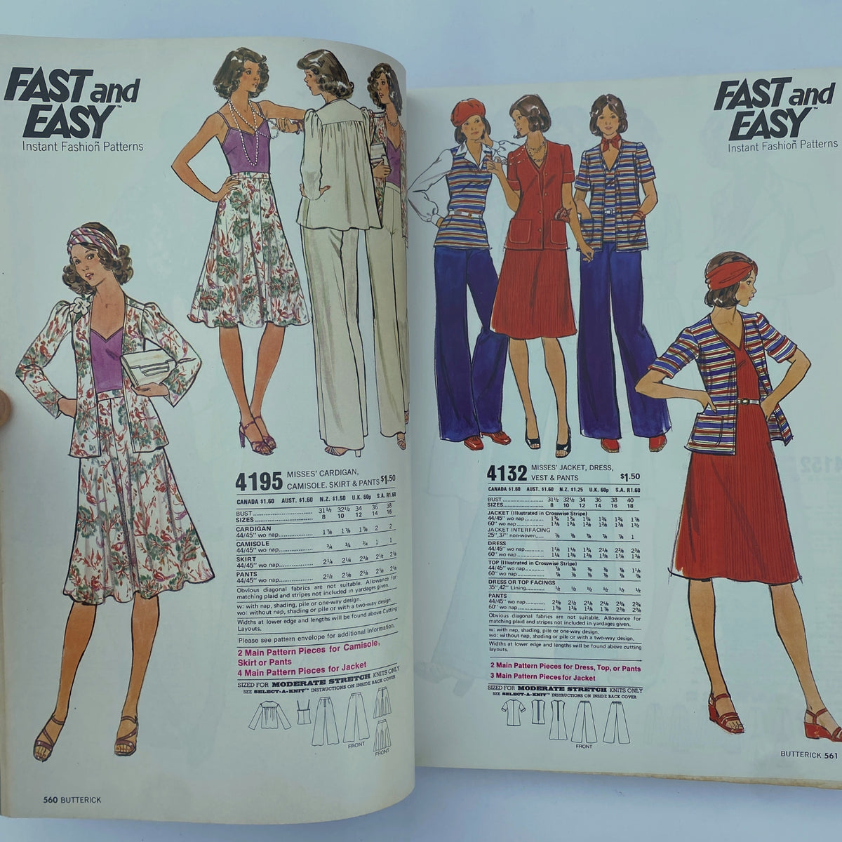 1975 July Butterick Catalog showcasing 'Fast and Easy' instant fashion patterns including summer dresses, cardigans, and jumpsuits with vibrant 1970s styles.