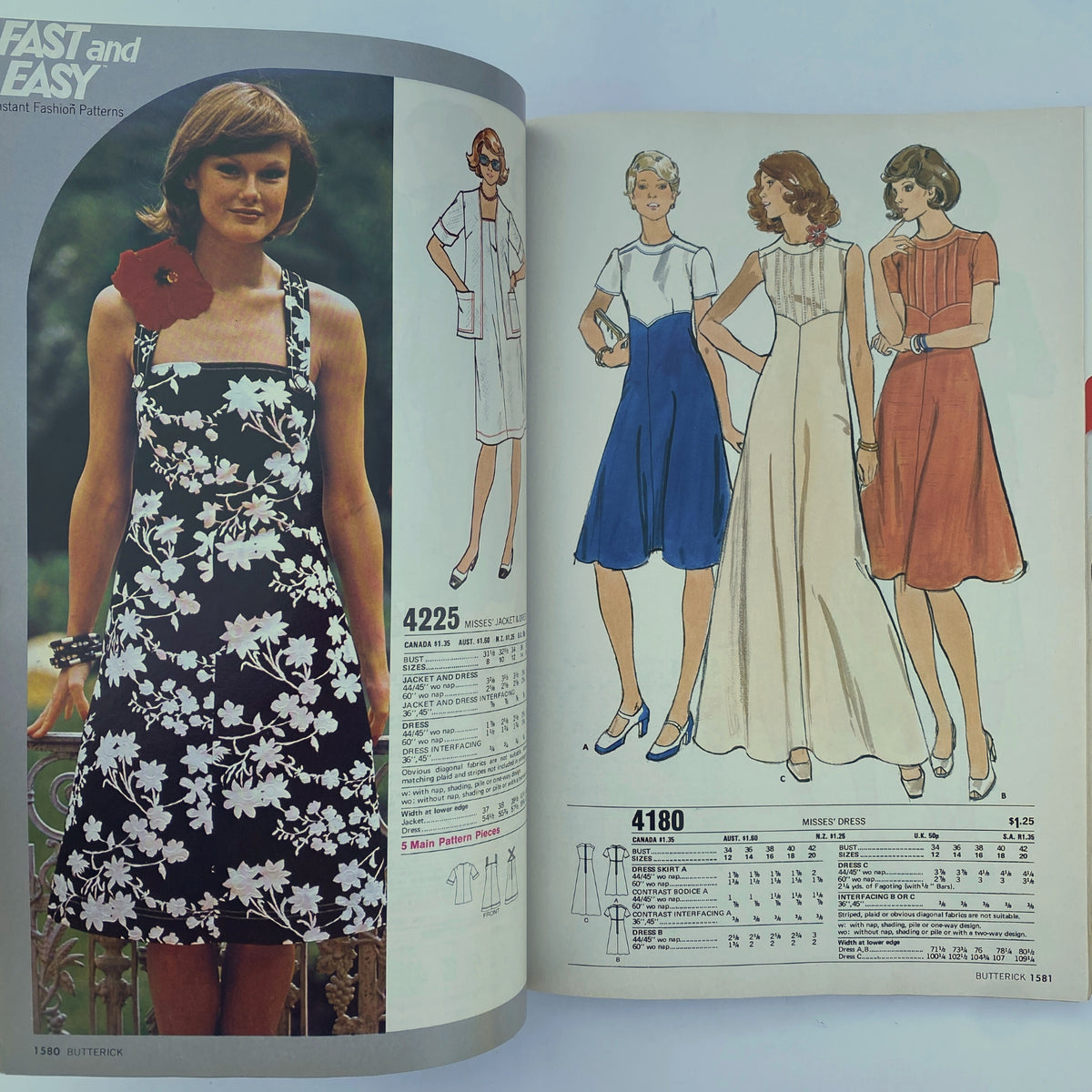 1975 July Butterick Catalog highlighting various dresses and jackets from the 1970s, showcasing patterns for Misses including floral and solid designs.