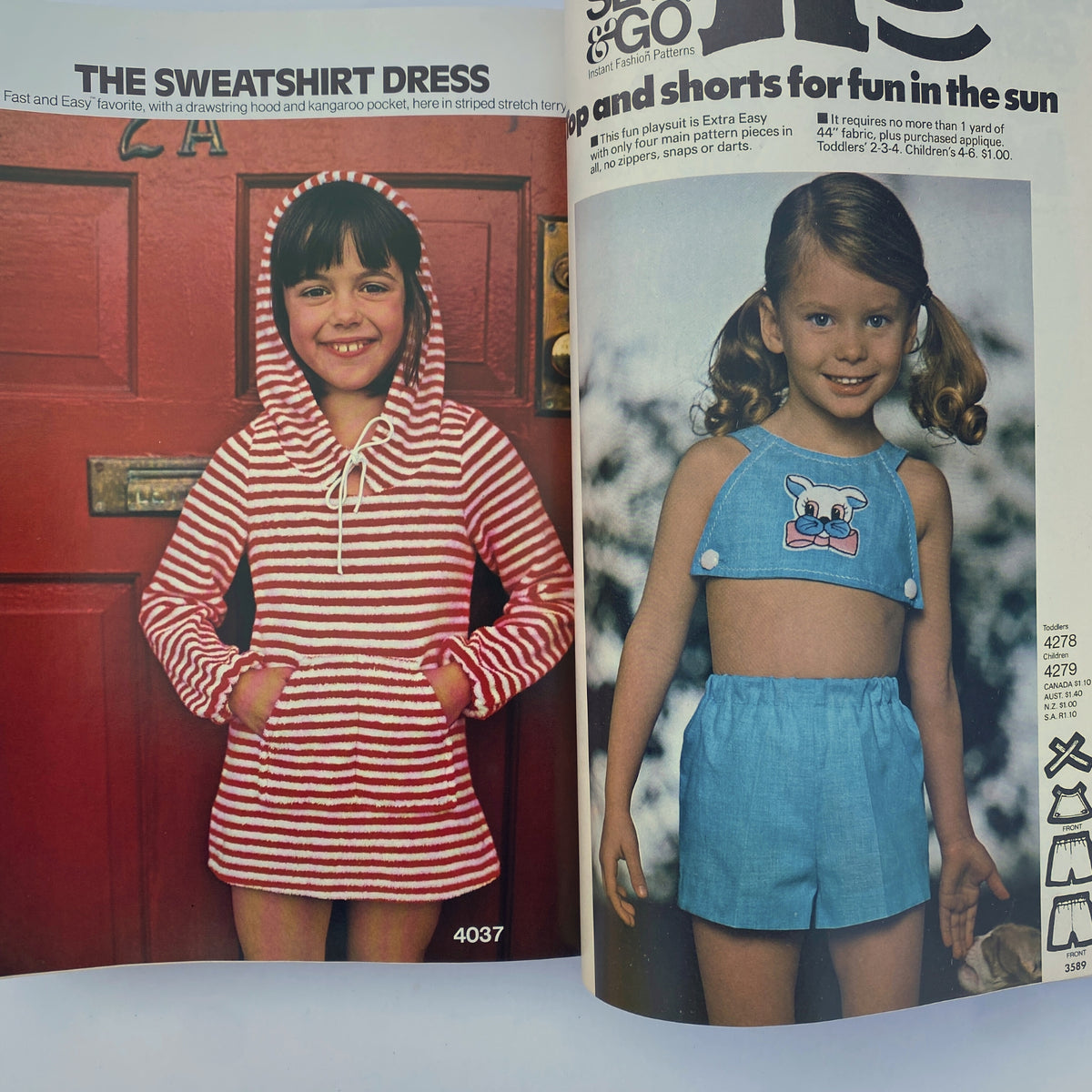 1975 July Butterick Catalog showcasing children's fashion patterns featuring a young girl in a striped sweatshirt dress with a hood, highlighting summer sewing styles.