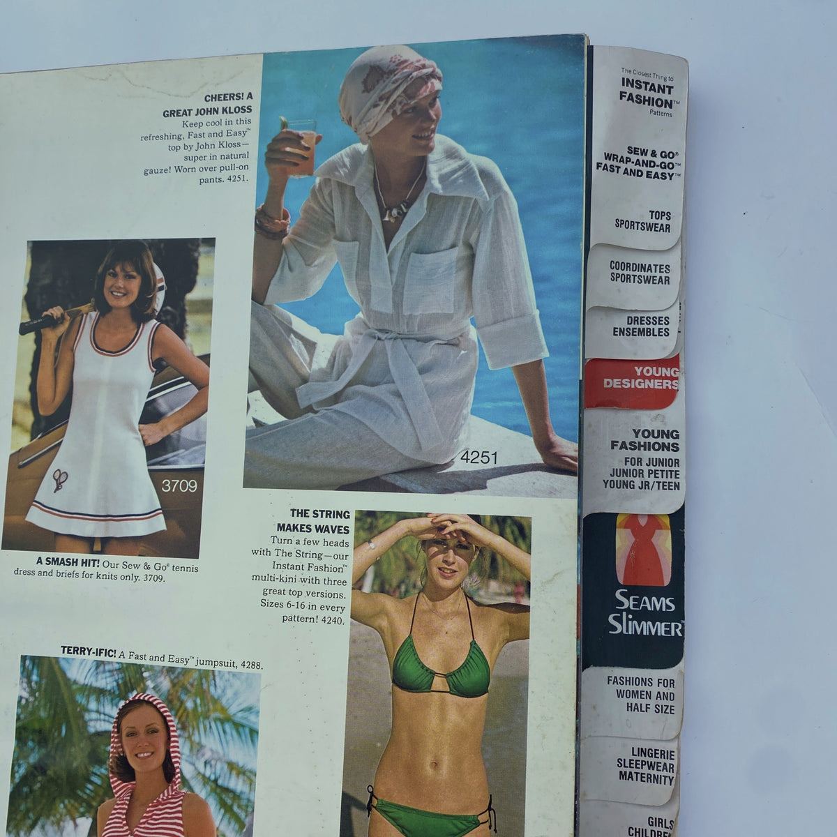 Interior page of the 1975 August Butterick Catalog displaying several fashion patterns including swimsuits and summer clothing, highlighting iconic styles of the 1970s.