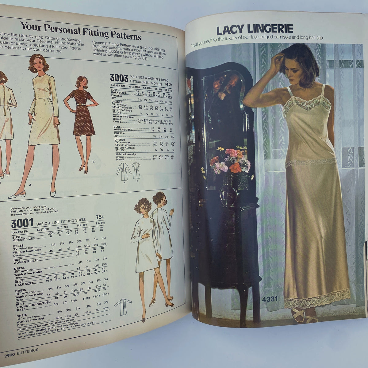 1975 August Butterick Catalog highlighting personal fitting patterns for women’s dresses and lingerie, illustrating timeless sewing designs.