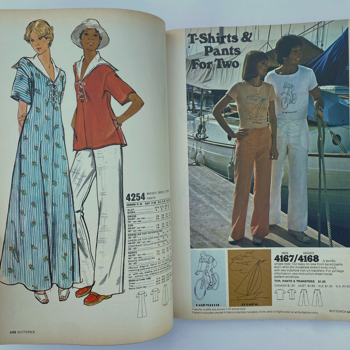 1975 August Butterick Catalog displaying various patterns for t-shirts and pants, showcasing relaxed summer styles for men and women.