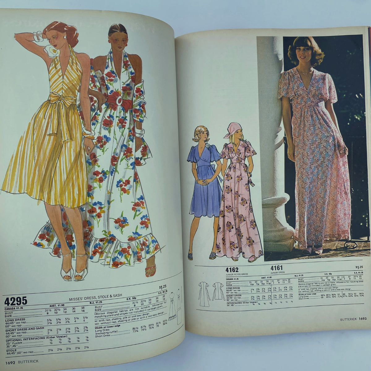 1975 August Butterick Catalog featuring fashionable dress patterns, highlighting floral designs and 1970s style trends for summer events.