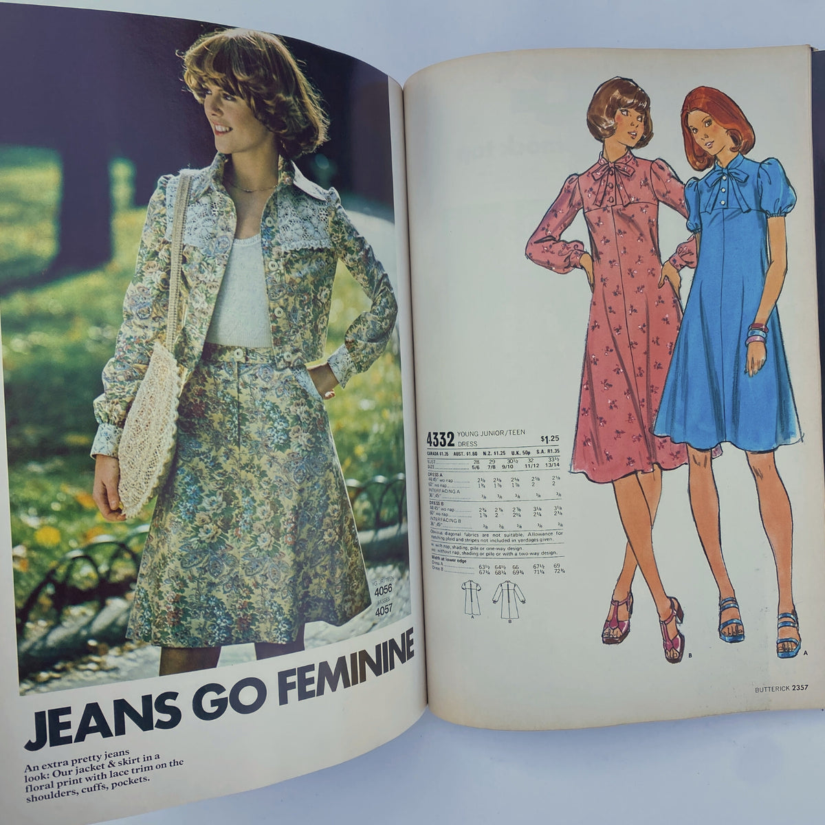1975 August Butterick Catalog showcasing a young woman in a floral outfit, featuring a floral jacket and skirt. The page highlights design pattern number 4332 with illustrated options for dresses.