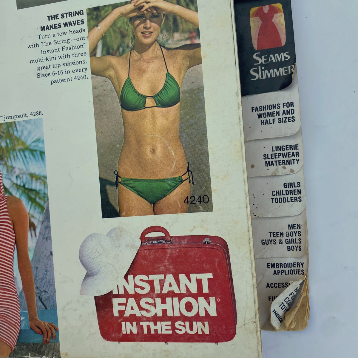Image from the 1975 July Butterick Summer Catalog displaying a model in a striking green bikini, highlighting summer fashion patterns for swimwear.