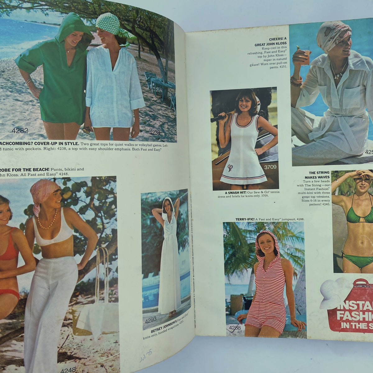 Inside spread of the 1975 July Butterick Summer Catalog featuring models in beachwear, emphasizing comfortable summer styles perfect for casual outings.