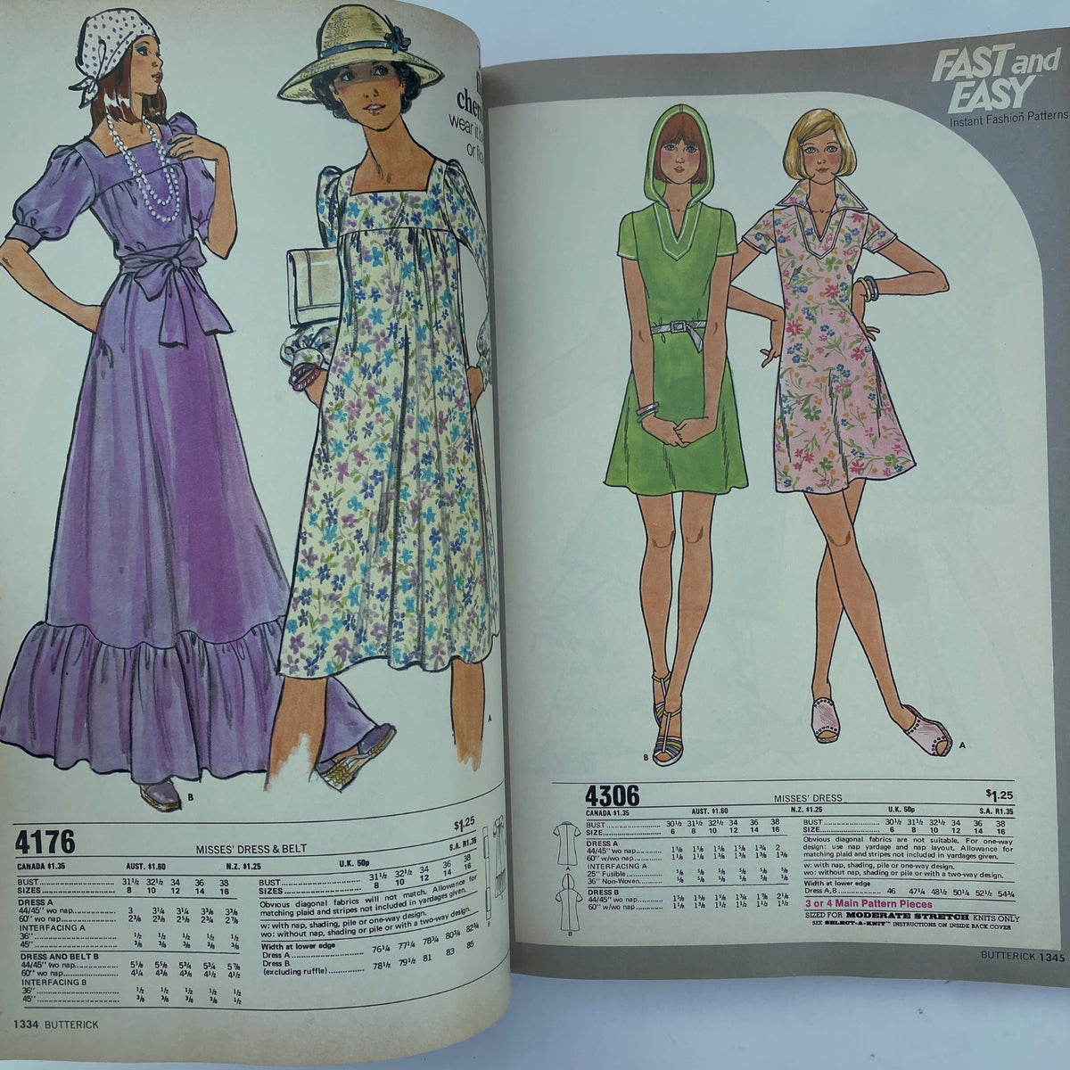 1975 July Butterick Summer Catalog showcasing sewing patterns with designs for summer dresses including a purple maxi dress, floral sundress, and two casual summer outfits. Perfect for retro fashion enthusiasts.