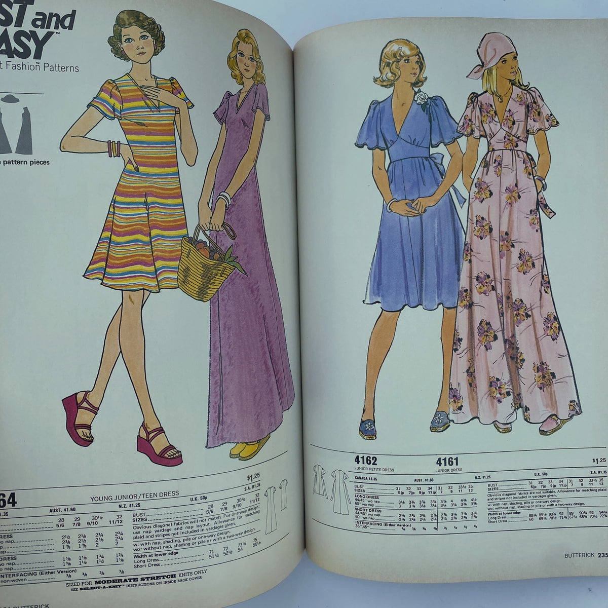 1975 July Butterick Summer Catalog featuring young junior and teen dresses with colorful patterns, including a striped dress and floral designs. Ideal for those interested in 1970s fashion sewing patterns.