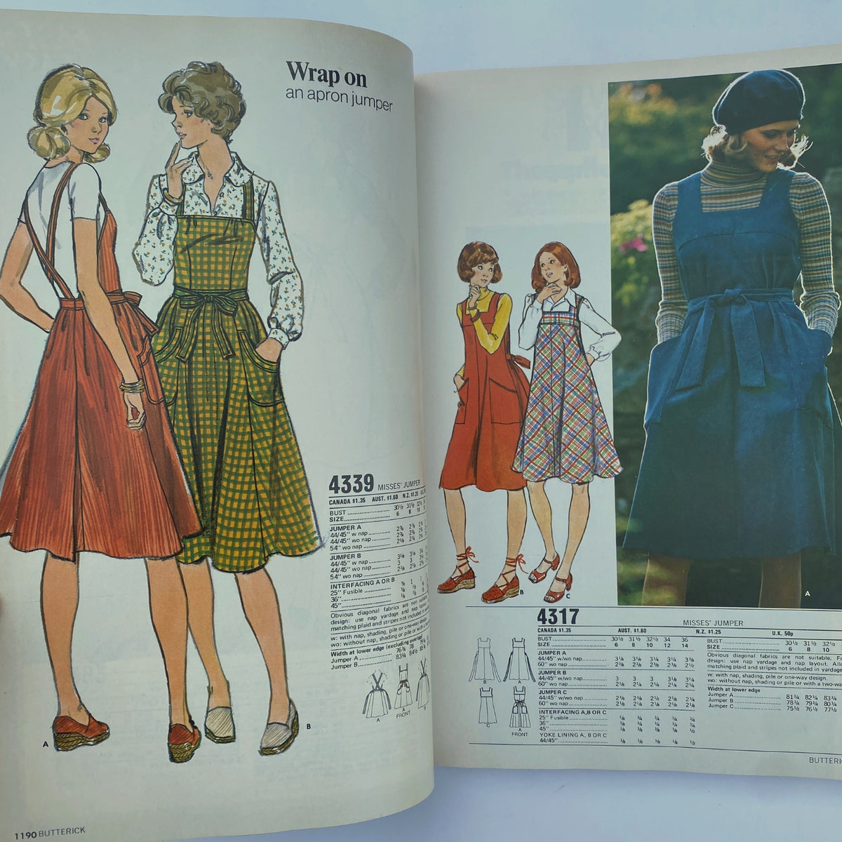 1975 November Butterick Catalog featuring apron jumper patterns and casual styles for women, perfect for autumn sewing projects.