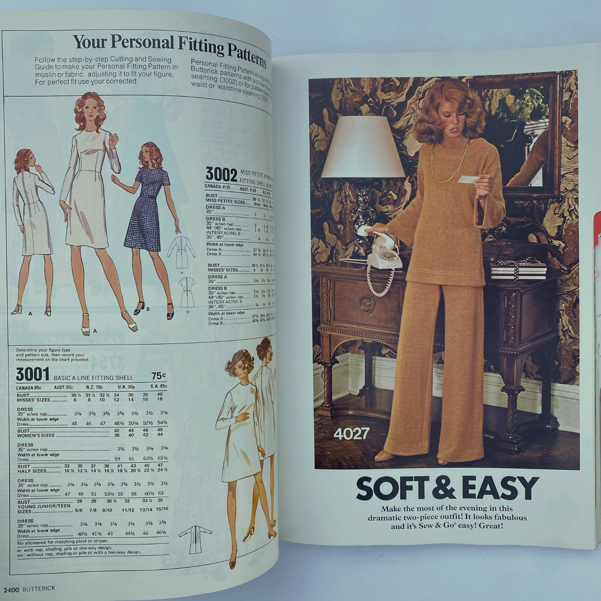 1975 November Butterick Catalog highlighting personal fitting patterns and a stylish two-piece outfit for evening wear.