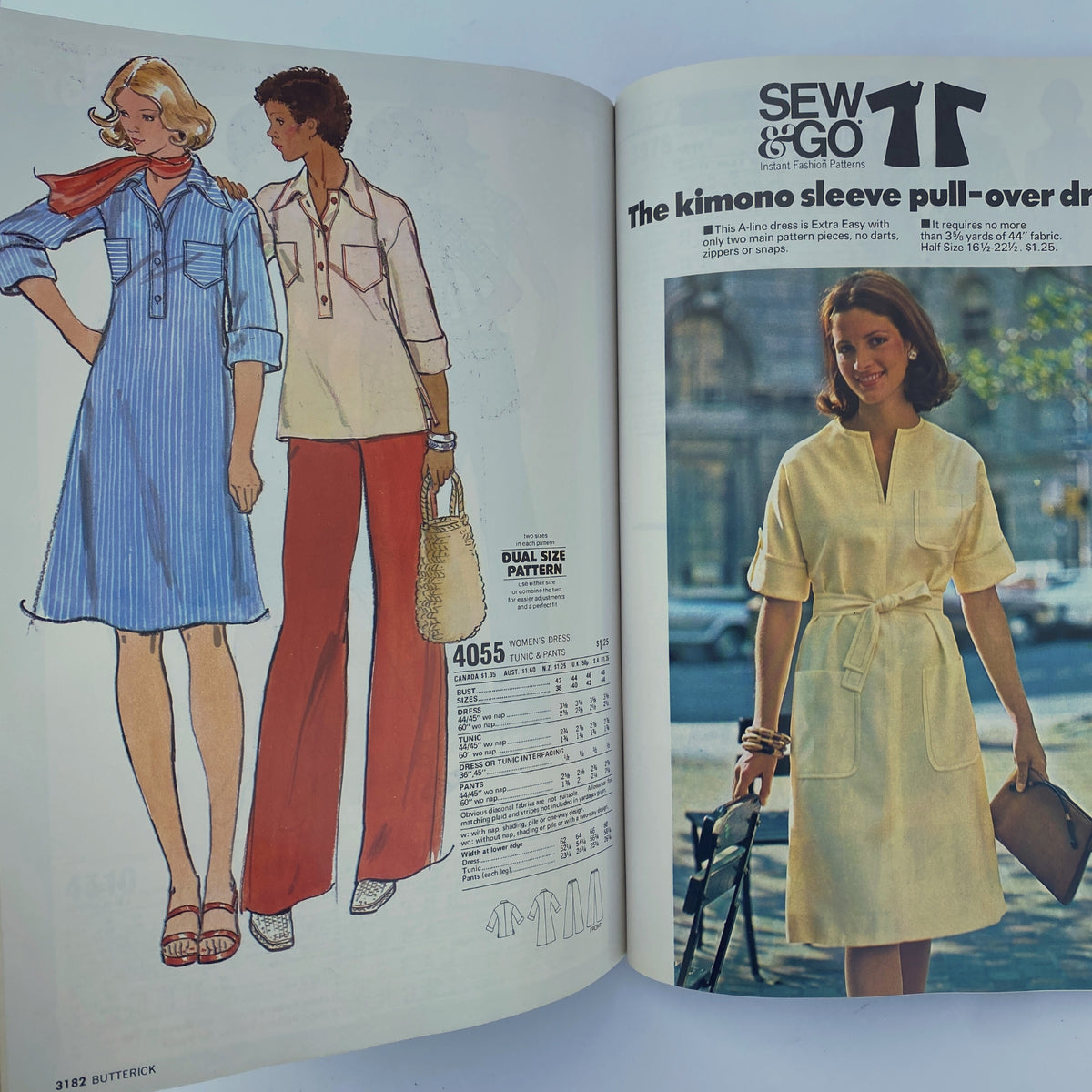 1975 November Butterick Catalog illustrating a variety of women's dresses and tunic patterns, showcasing easy-to-sew options for fall.