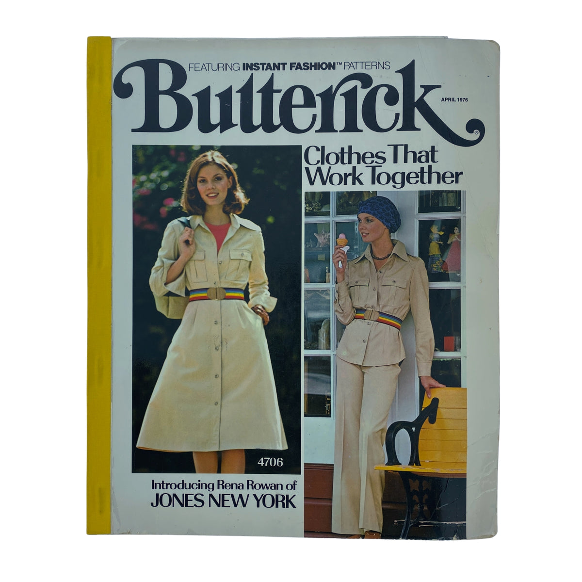 Cover of the 1976 April Butterick Catalog featuring 'Clothes That Work Together', showcasing stylish outfits including a belted dress and coordinating top and pants.