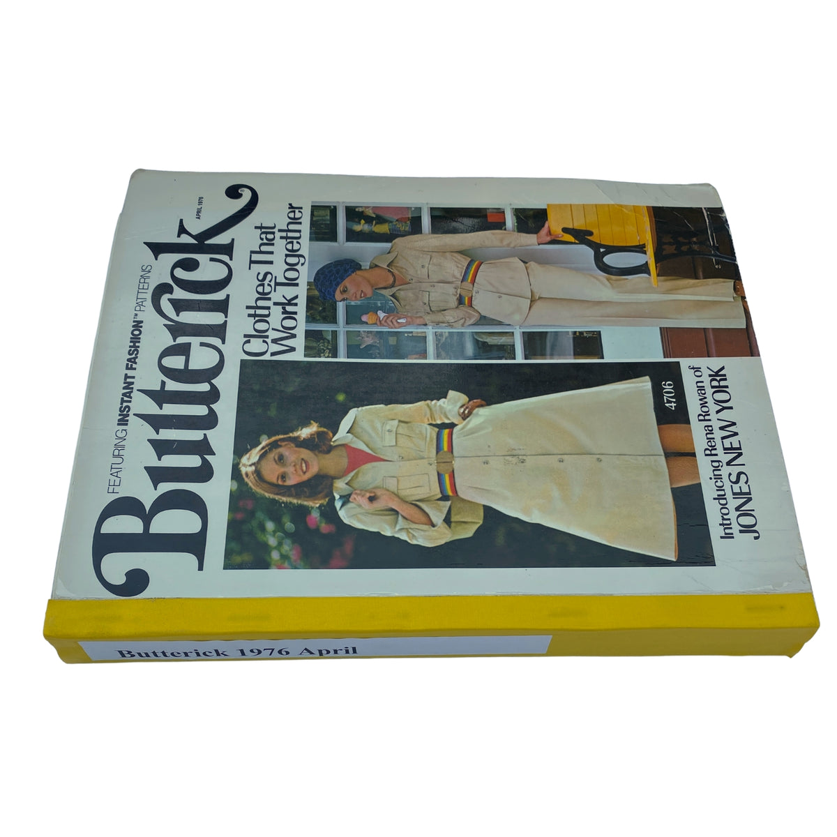 Side view of the 1976 April Butterick Catalog emphasizing 'Clothes That Work Together' with images of fashionable sewing patterns for spring styles.