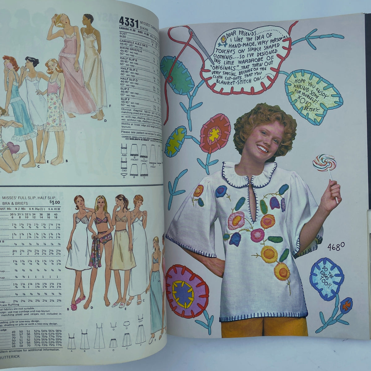 1976 April Butterick Catalog featuring unique sewing patterns for relaxed-fitting blouses and dresses with whimsical floral designs, showcasing vibrant 1970s aesthetics.