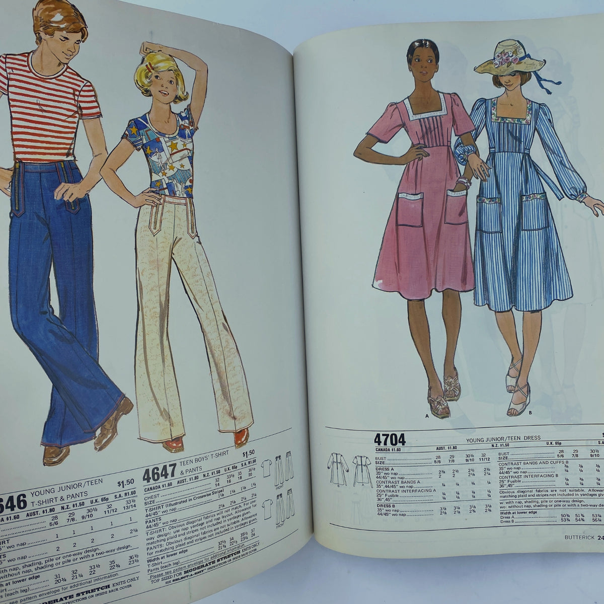 1976 April Butterick Catalog showcasing colorful sewing patterns for youth fashion including a boy's T-shirt and flared pants, along with dresses for teens, highlighting the bold styles of the mid-70s.