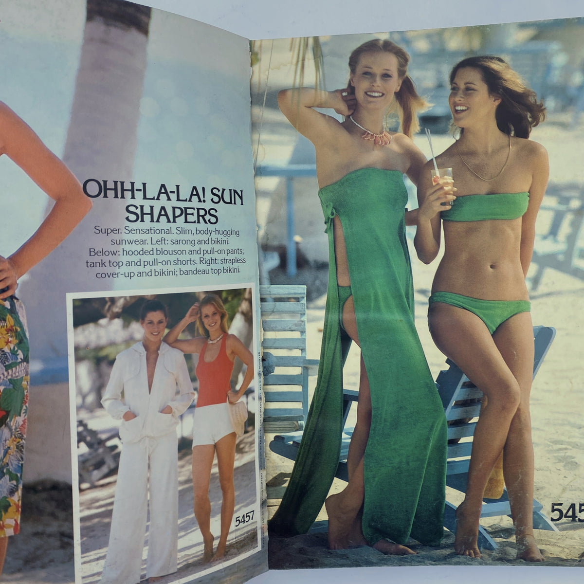 Inside page of the 1977 August Butterick Catalog presenting sun shapers swimwear styles, with models in active beachwear enjoying summer activities.