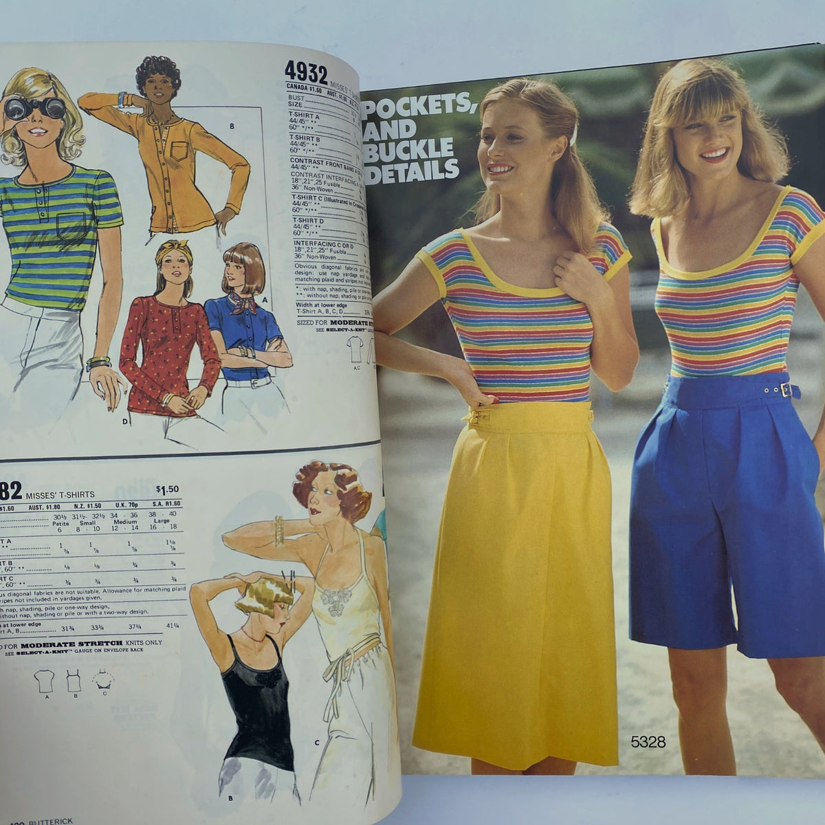 Illustration from the 1977 August Butterick Catalog featuring trendy t-shirts and shorts, showcasing colorful designs for a stylish summer wardrobe.