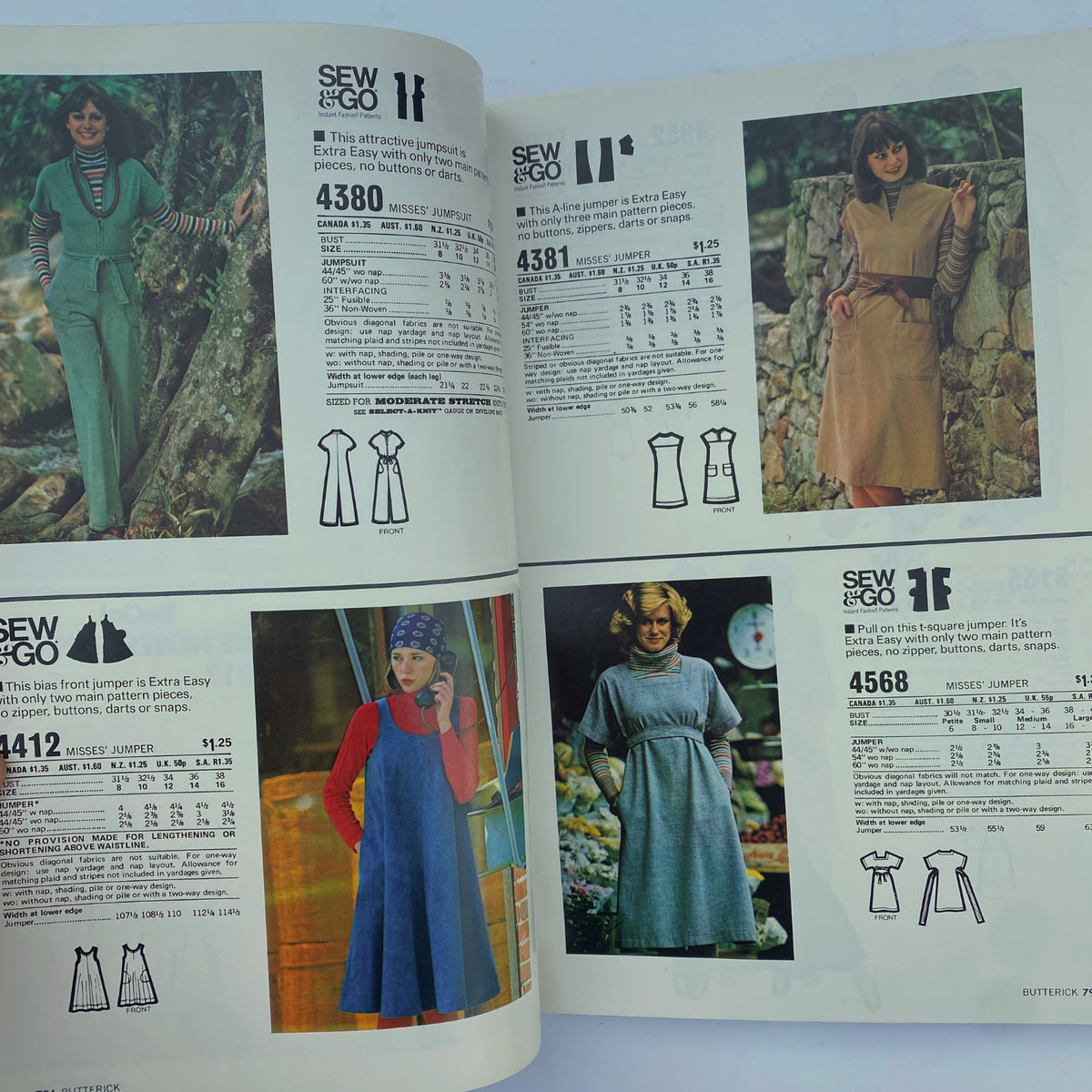 1977 August Butterick Catalog showcasing various sewing patterns featuring styles like knee-length miss dresses, jumpers, and casual attire, perfect for the disco fashion era.