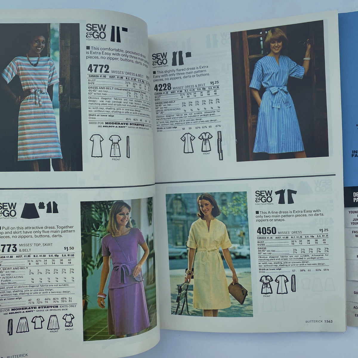 1977 August Butterick Catalog displaying sewing patterns for easy-to-sew dresses and tops, emphasizing the casual yet chic fashion trends of the late 1970s.