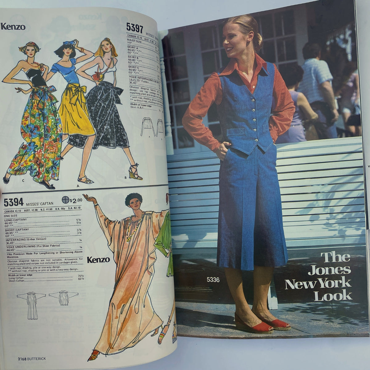 1977 August Butterick Catalog featuring fashionable sewing patterns including miss caftans and denim outfits, reflecting the bold and colorful designs popular in the disco era.